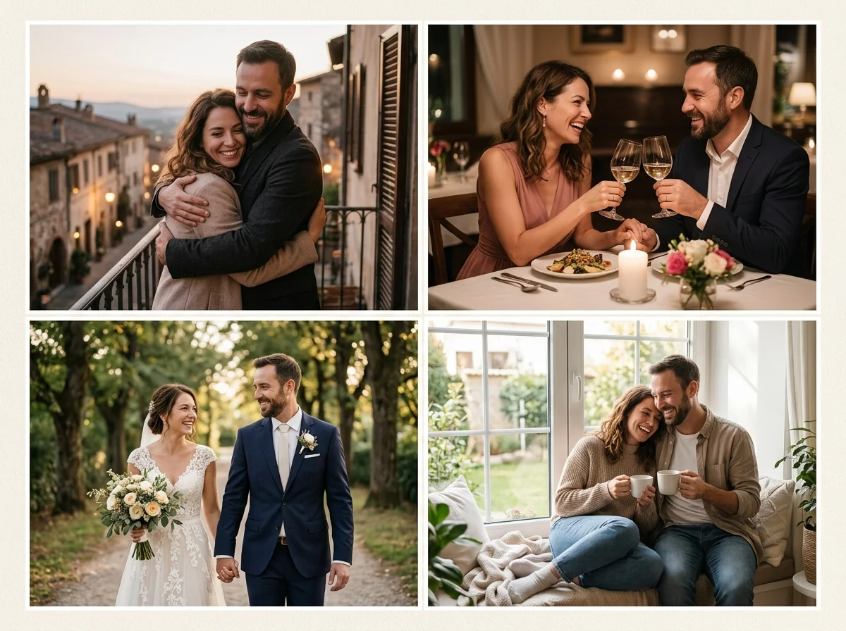Romantische Paar-Fotostile: Umarmung, Jubiläumsabendessen, Hochzeit und Lifestyle